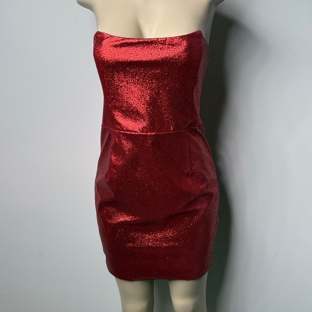 Meshki Red Glitter Strapless Bodycon Dress